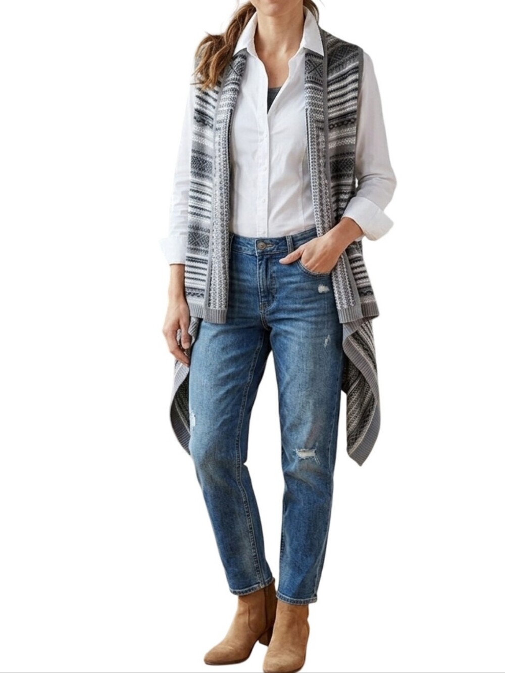 WESTBOUND Black White Boho Geometric Knit Cardigan Vest XL Waterfall Draped